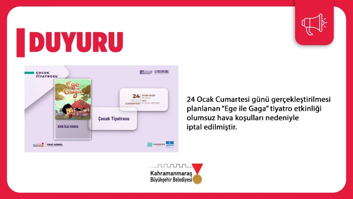 24 Ocak&rsquo;taki &ldquo;Ege ile Gaga&rdquo; Tiyatrosu İptal Edildi