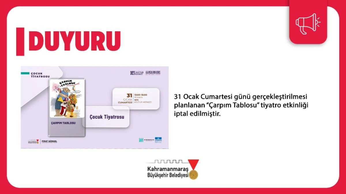 &ldquo;&Ccedil;arpım Tablosu&rdquo; Adlı &Ccedil;ocuk Tiyatrosu Etkinliği İptal Edildi
