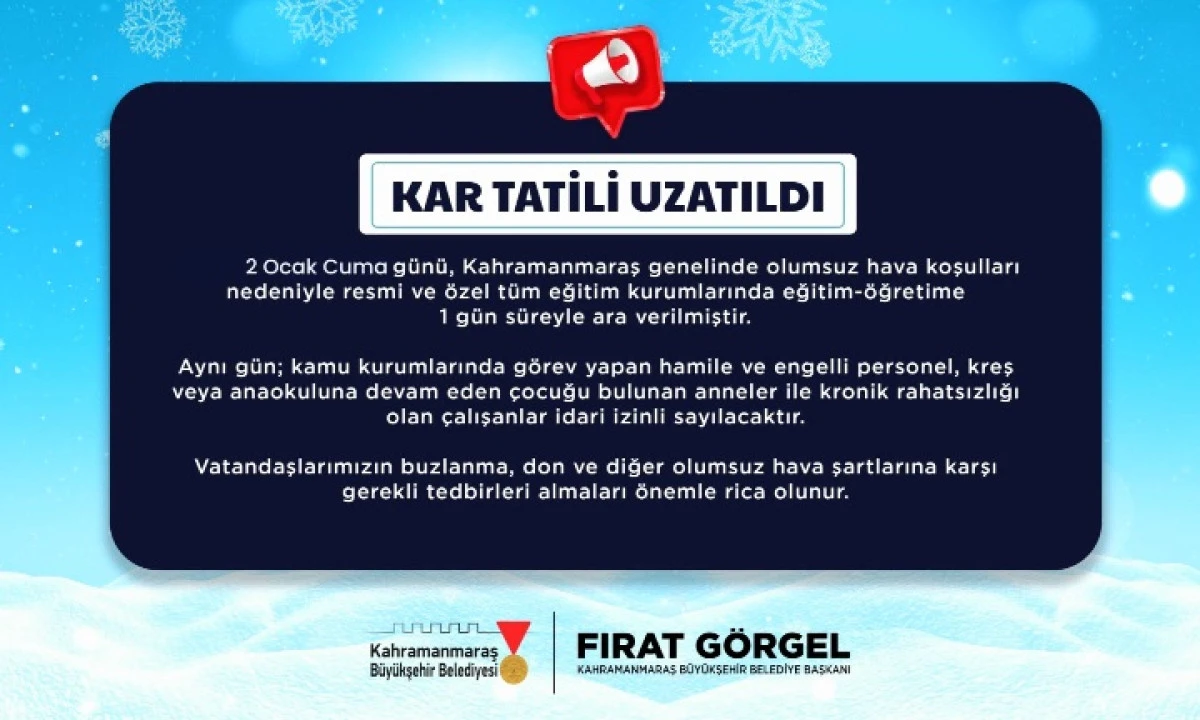 Olumsuz Hava Koşulları Nedeniyle 2 Ocak&rsquo;ta Eğitime 1 G&uuml;nl&uuml;k Ara!