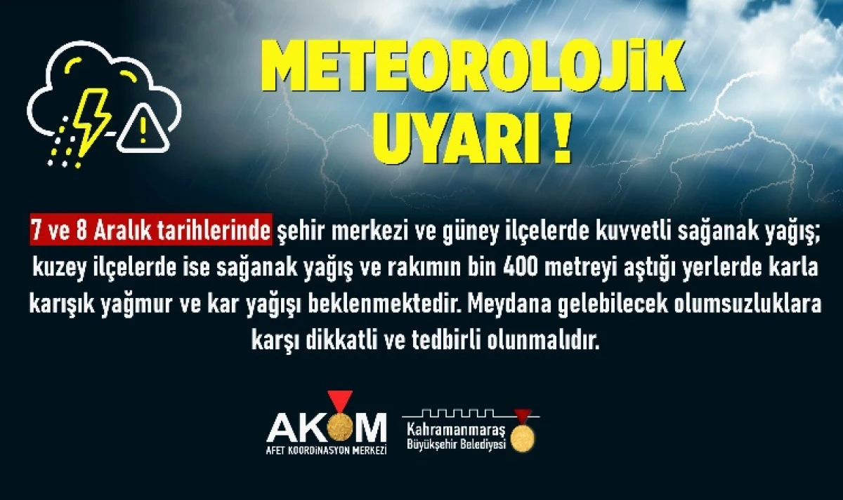 Şehir Genelinde Kuvvetli Sağanak ve Kar Yağışı Uyarısı